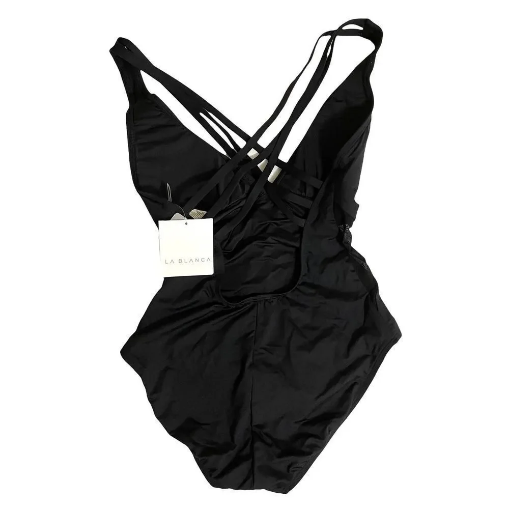 NEW La Blanca Mesh-Merizing Side‎ Mesh Cross-Back Mio One Piece Swimsuits Sz 8